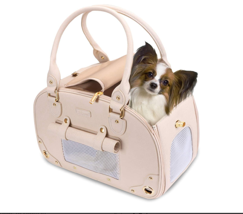 Beautiful Pink Pet Carrier with sweet Brown and White Puppy in it 