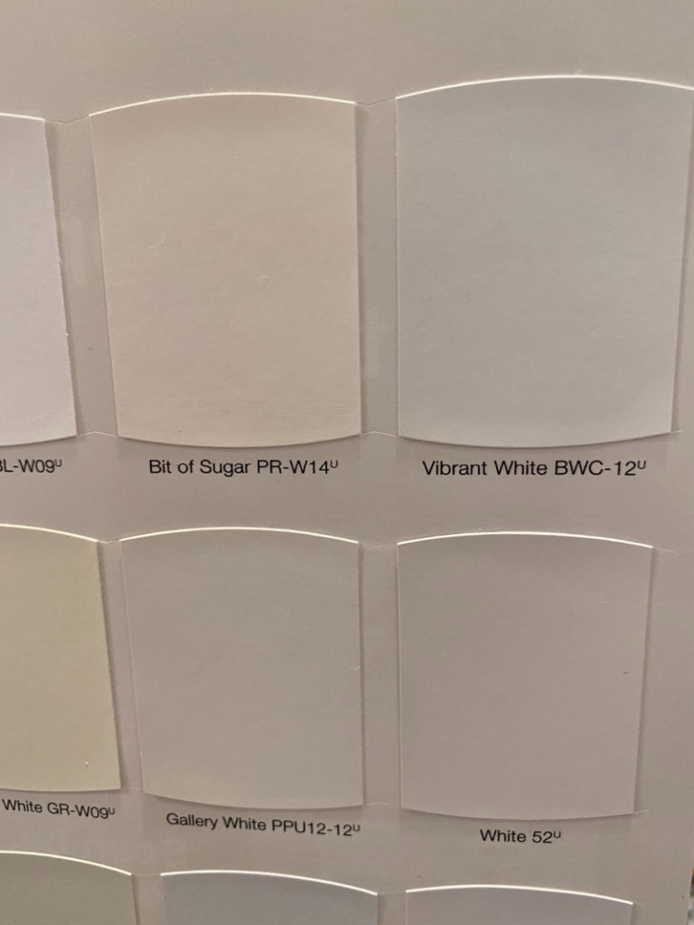 Paint chips showing vibrant white color used