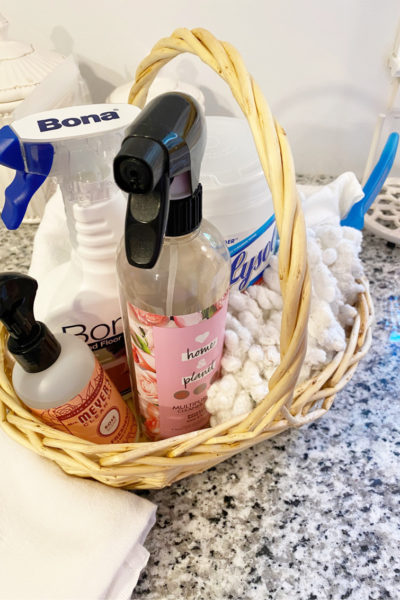 Basket of cleaning products for the One Room challenge Master Bedroom