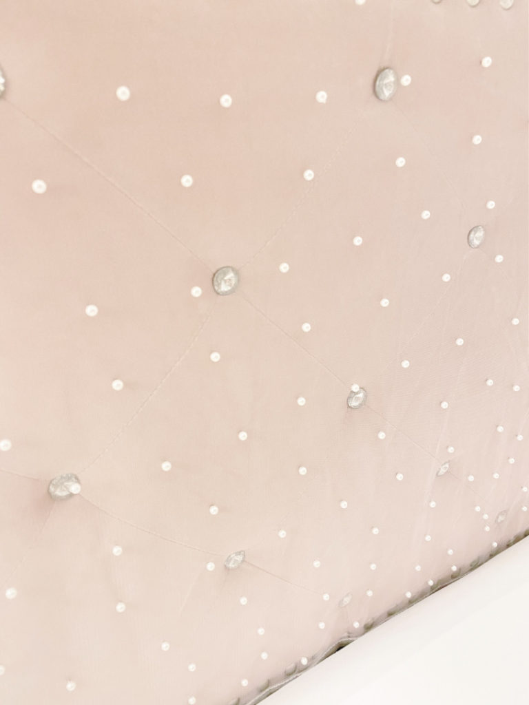 close up of pearl and crystal pink headboard