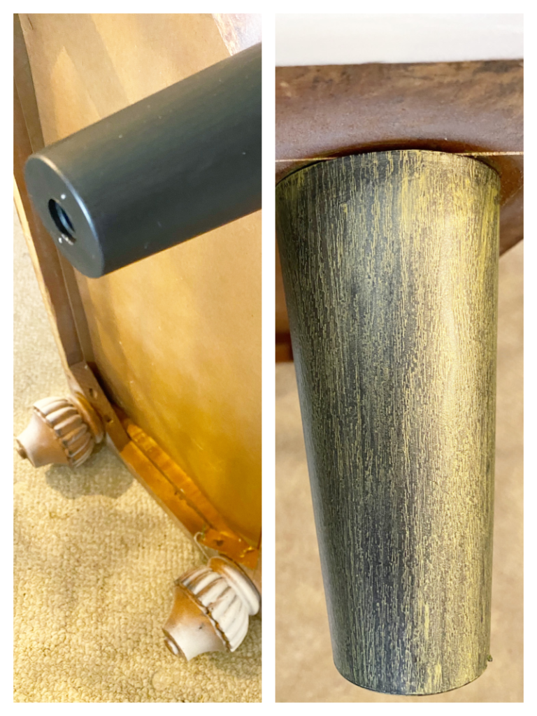 black furniture leg and then leg painted gold