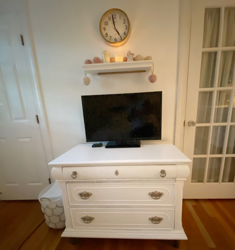 White painted dresser with tv in master bedroom reveal