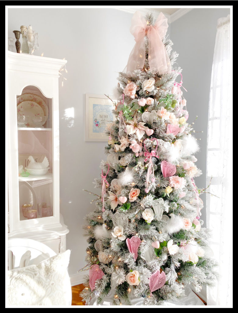 Pink and white valentine's day tree with sheer pink scarf