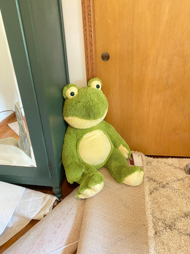 Big green stuffed animal frog sitting by closet door