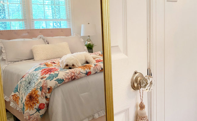 elegant guest room mirror shot Dolli on bed