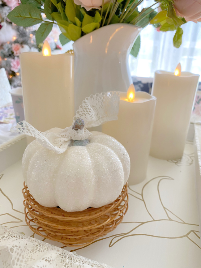 glitter pumpkin on fall dining tablescape