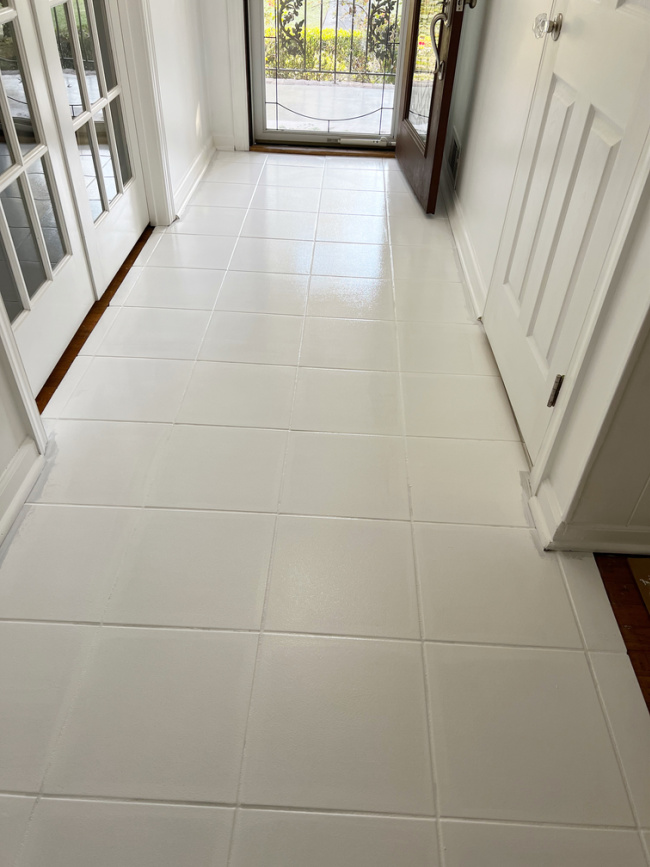 bright white pained foyer tiles for Foyer and Hallway Makeover with One Room Challenge