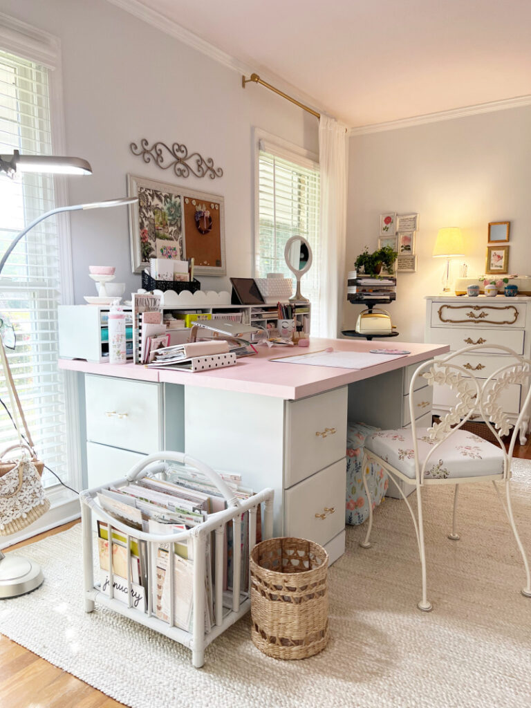 white desk with pink desk top