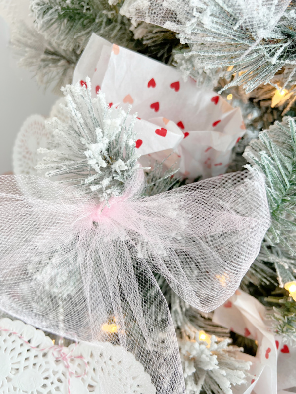 Pink tulle bow on pink valentines tree